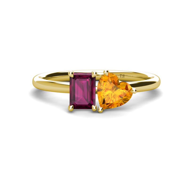 Esther Emerald Shape Rhodolite Garnet & Heart Shape Citrine 2 Stone Duo Ring 