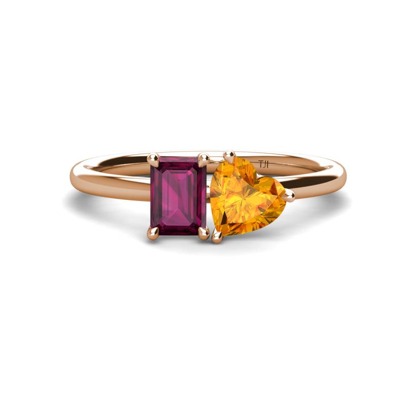 Esther Emerald Shape Rhodolite Garnet & Heart Shape Citrine 2 Stone Duo Ring 