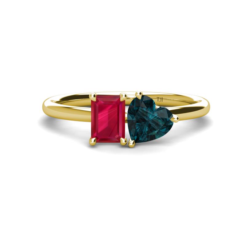 Esther Emerald Shape Lab Created Ruby & Heart Shape London Blue Topaz 2 Stone Duo Ring 