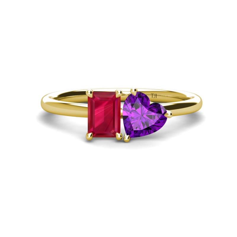 Esther Emerald Shape Lab Created Ruby & Heart Shape Amethyst 2 Stone Duo Ring 