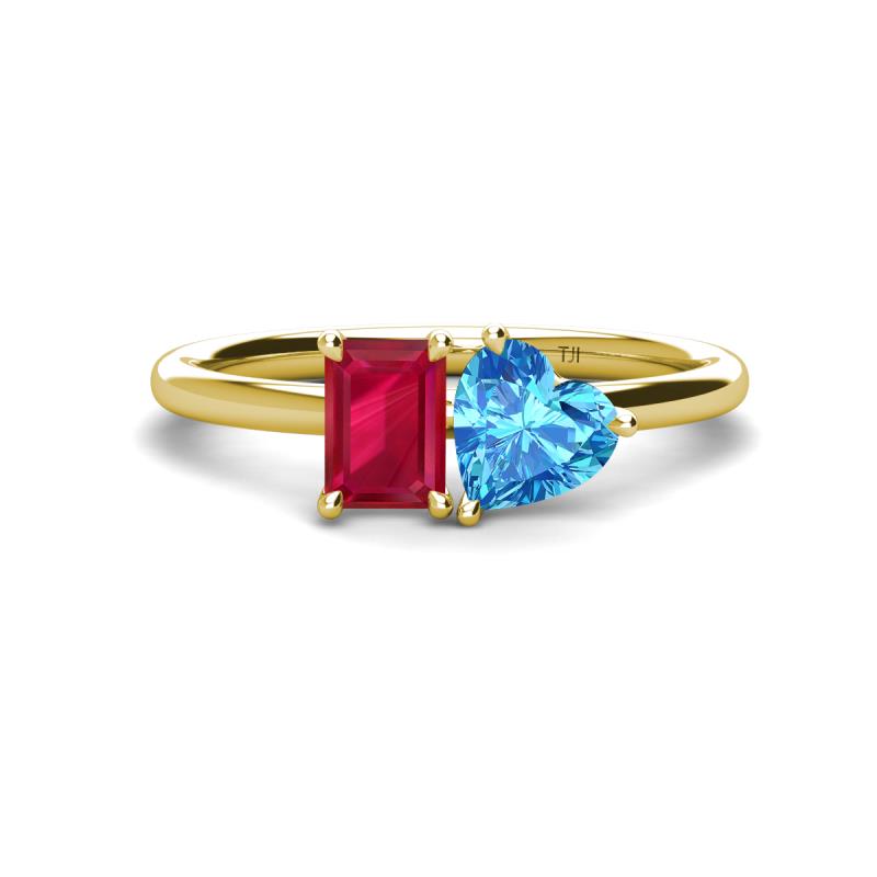 Esther Emerald Shape Lab Created Ruby & Heart Shape Blue Topaz 2 Stone Duo Ring 