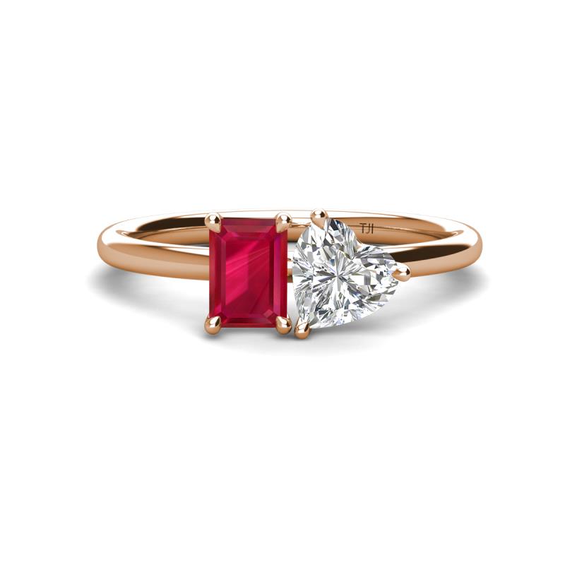 Esther IGI Certified Heart Shape Lab Grown Diamond & Emerald Shape Lab Created Ruby 2 Stone Duo Ring 