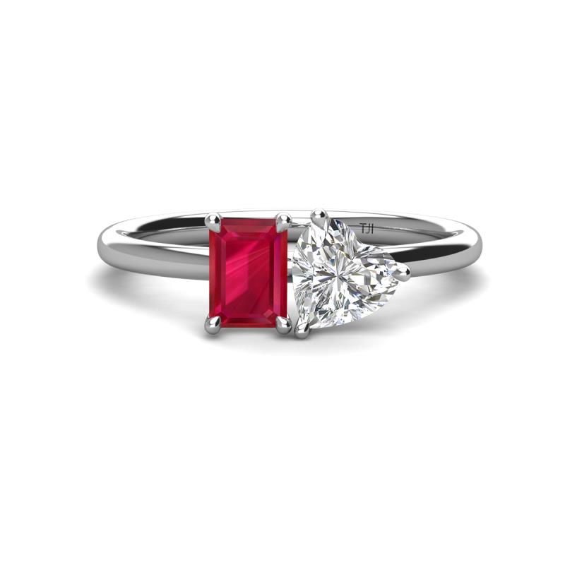 Esther Emerald Shape Lab Created Ruby & Heart Shape Forever One Moissanite 2 Stone Duo Ring 