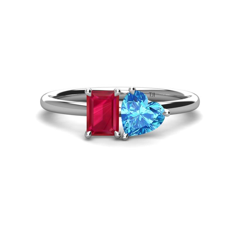 Esther Emerald Shape Lab Created Ruby & Heart Shape Blue Topaz 2 Stone Duo Ring 