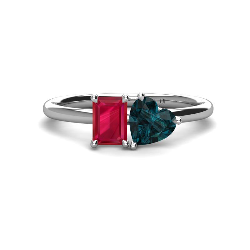 Esther Emerald Shape Lab Created Ruby & Heart Shape London Blue Topaz 2 Stone Duo Ring 