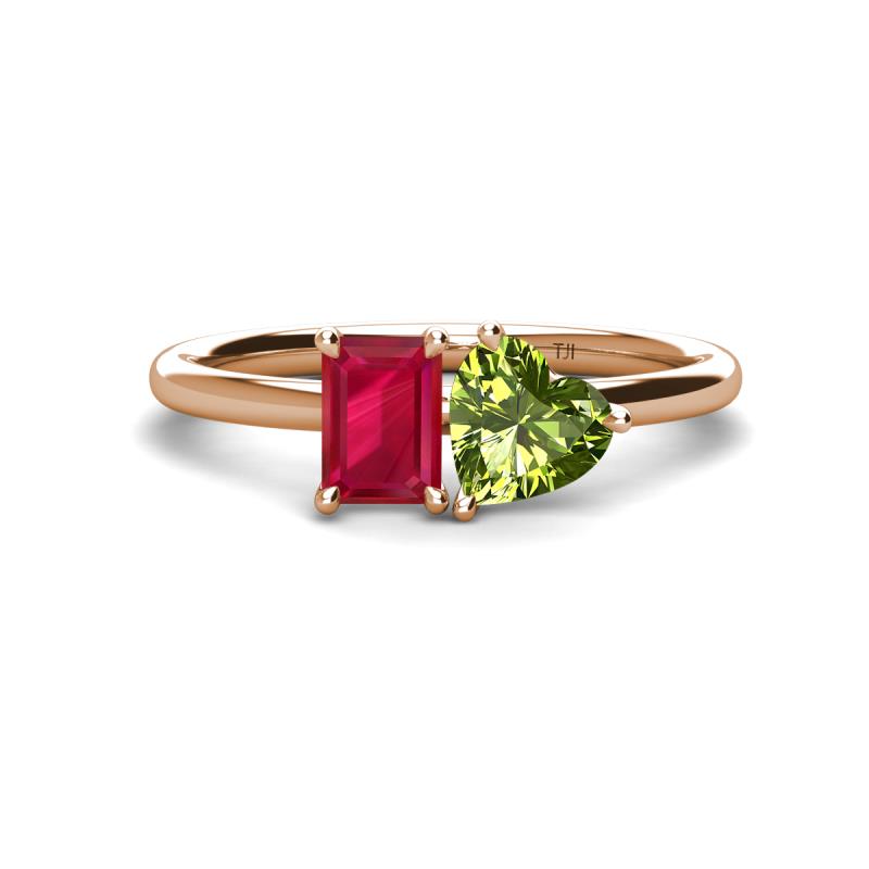 Esther Emerald Shape Lab Created Ruby & Heart Shape Peridot 2 Stone Duo Ring 