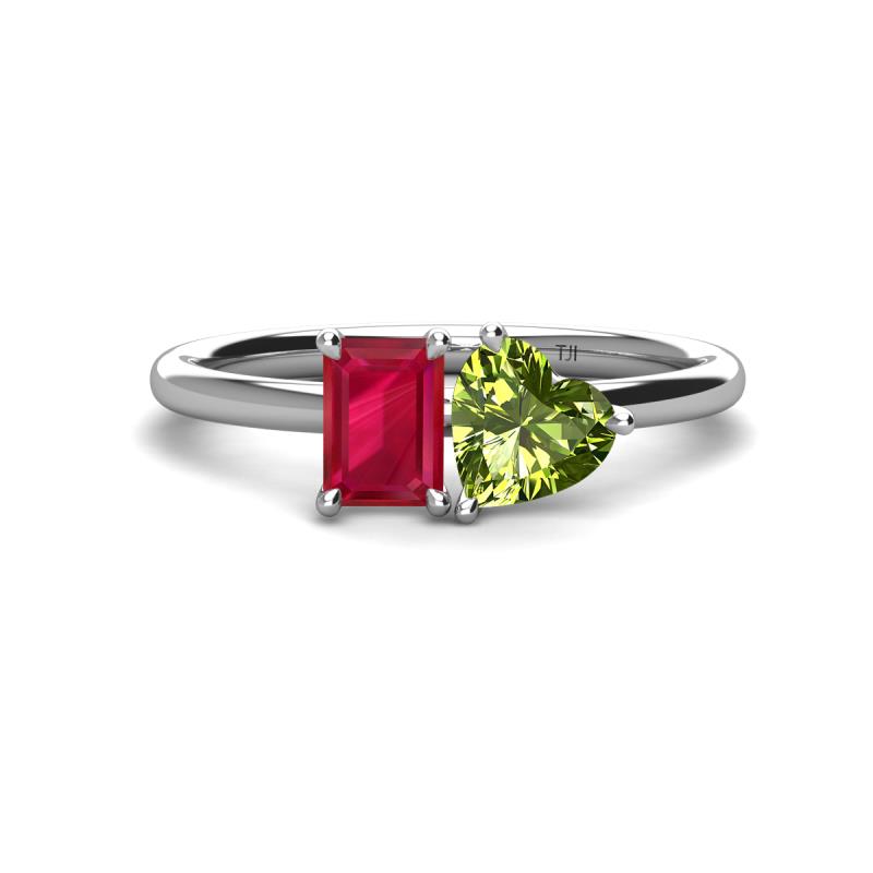 Esther Emerald Shape Lab Created Ruby & Heart Shape Peridot 2 Stone Duo Ring 