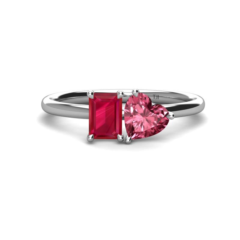 Esther Emerald Shape Lab Created Ruby & Heart Shape Pink Tourmaline 2 Stone Duo Ring 