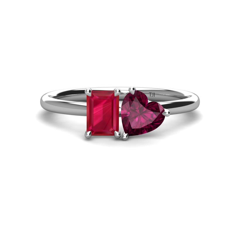 Esther Emerald Shape Lab Created Ruby & Heart Shape Rhodolite Garnet 2 Stone Duo Ring 