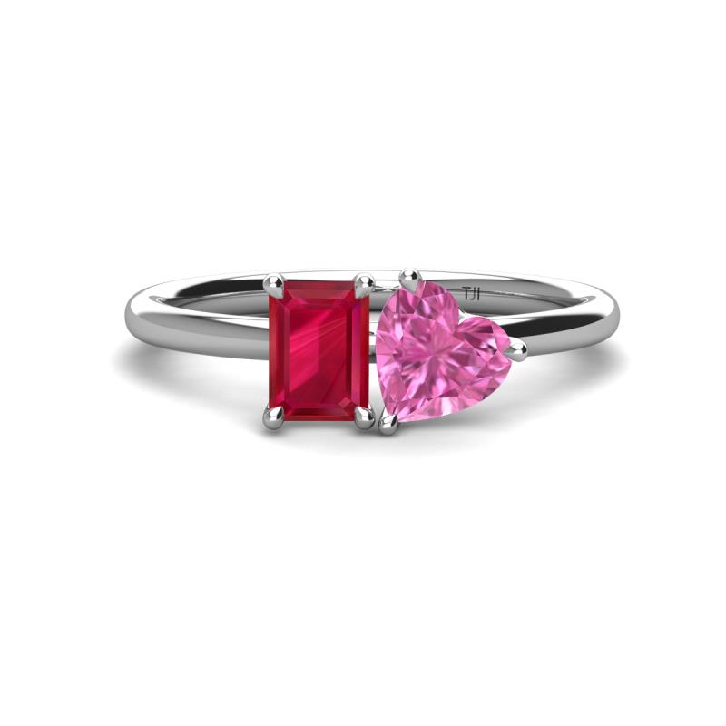 Esther Emerald Shape Lab Created Ruby & Heart Shape Pink Sapphire 2 Stone Duo Ring 