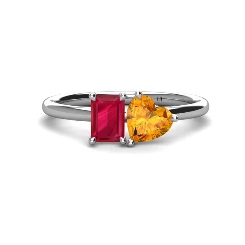 Esther Emerald Shape Lab Created Ruby & Heart Shape Citrine 2 Stone Duo Ring 