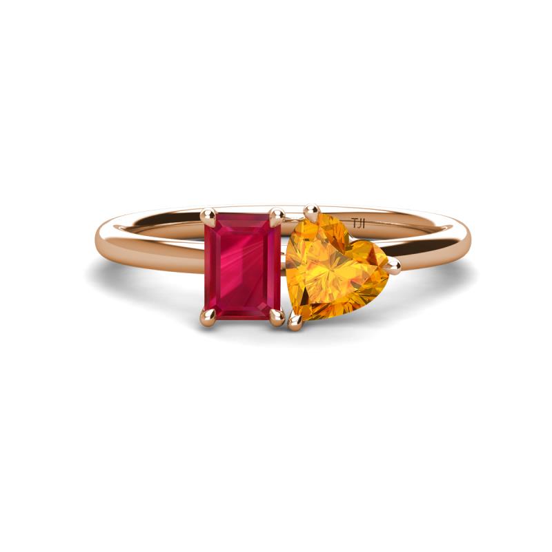 Esther Emerald Shape Lab Created Ruby & Heart Shape Citrine 2 Stone Duo Ring 