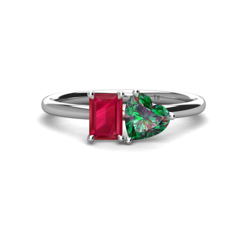 Esther Emerald Shape Created Ruby & Heart Shape Lab Created Alexandrite 2 Stone Duo Ring 