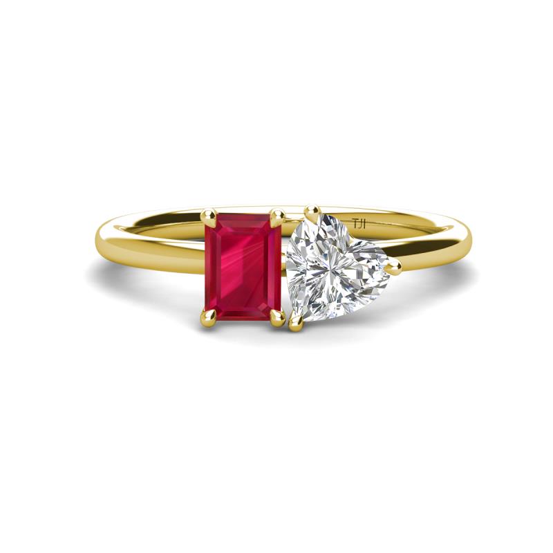 Esther Emerald Shape Lab Created Ruby & Heart Shape Forever Brilliant Moissanite 2 Stone Duo Ring 