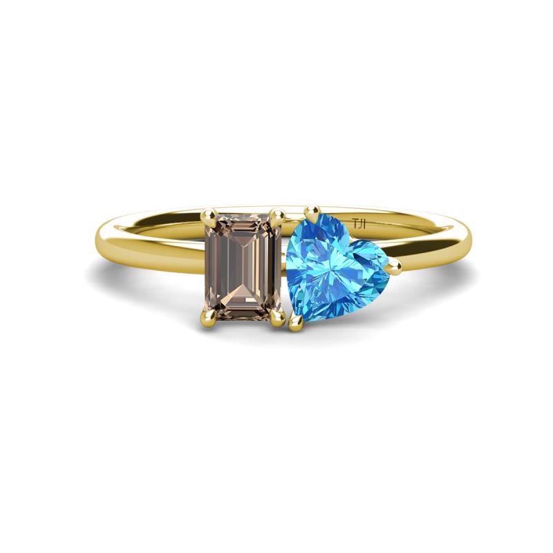 Esther Emerald Shape Smoky Quartz & Heart Shape Blue Topaz 2 Stone Duo Ring 