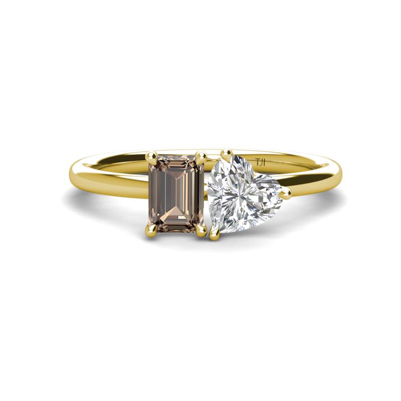 Esther GIA Certified Heart Shape Diamond & Emerald Shape Smoky Quartz 2 Stone Duo Ring 