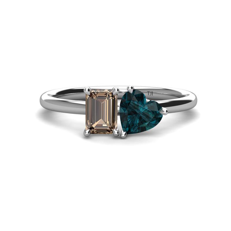 Esther Emerald Shape Smoky Quartz & Heart Shape London Blue Topaz 2 Stone Duo Ring 