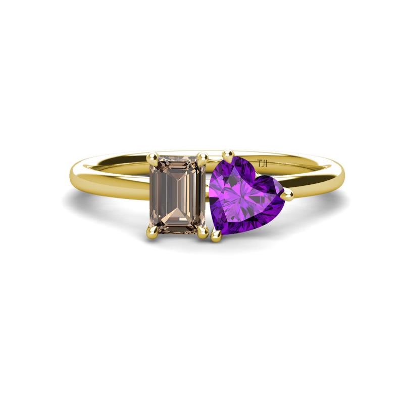 Esther Emerald Shape Smoky Quartz & Heart Shape Amethyst 2 Stone Duo Ring 