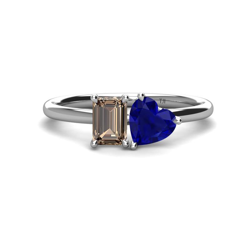 Esther Emerald Shape Smoky Quartz & Heart Shape Lab Created Blue Sapphire 2 Stone Duo Ring 