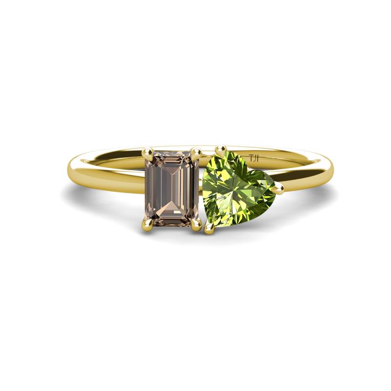 Esther Emerald Shape Smoky Quartz & Heart Shape Peridot 2 Stone Duo Ring 