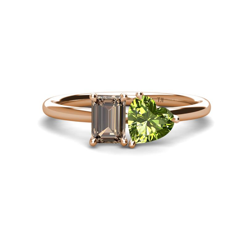 Esther Emerald Shape Smoky Quartz & Heart Shape Peridot 2 Stone Duo Ring 