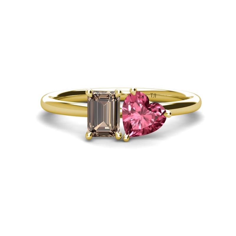 Esther Emerald Shape Smoky Quartz & Heart Shape Pink Tourmaline 2 Stone Duo Ring 