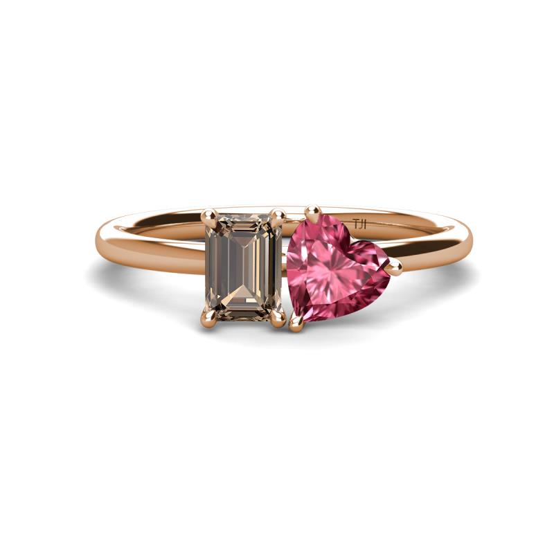 Esther Emerald Shape Smoky Quartz & Heart Shape Pink Tourmaline 2 Stone Duo Ring 