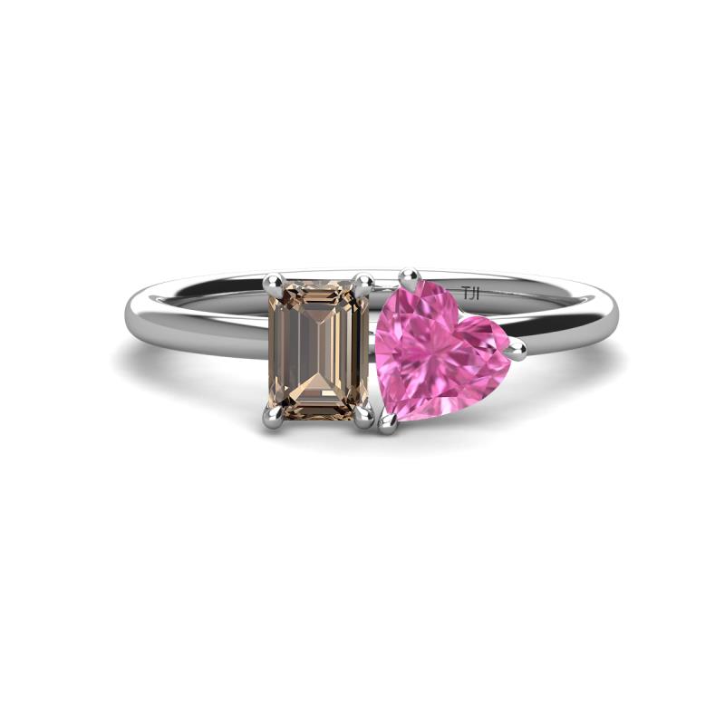Esther Emerald Shape Smoky Quartz & Heart Shape Pink Sapphire 2 Stone Duo Ring 