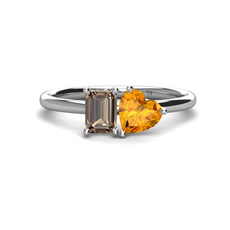 Esther Emerald Shape Smoky Quartz & Heart Shape Citrine 2 Stone Duo Ring 