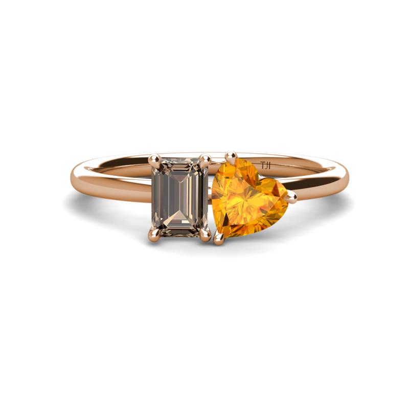 Esther Emerald Shape Smoky Quartz & Heart Shape Citrine 2 Stone Duo Ring 