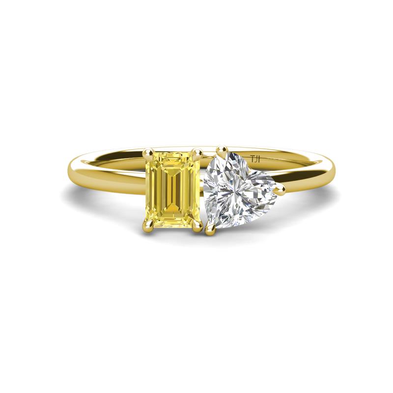 Esther GIA Certified Heart Shape Diamond & Emerald Shape Lab Created Yellow Sapphire 2 Stone Duo Ring 