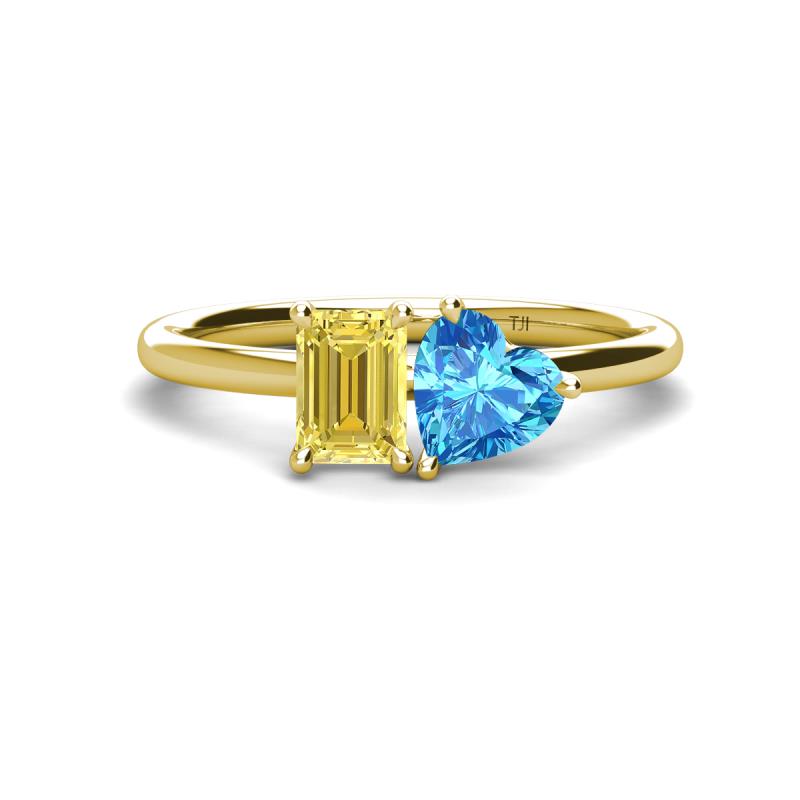 Esther Emerald Shape Lab Created Yellow Sapphire & Heart Shape Blue Topaz 2 Stone Duo Ring 