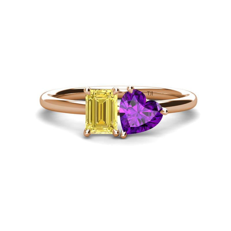 Esther Emerald Shape Lab Created Yellow Sapphire & Heart Shape Amethyst 2 Stone Duo Ring 