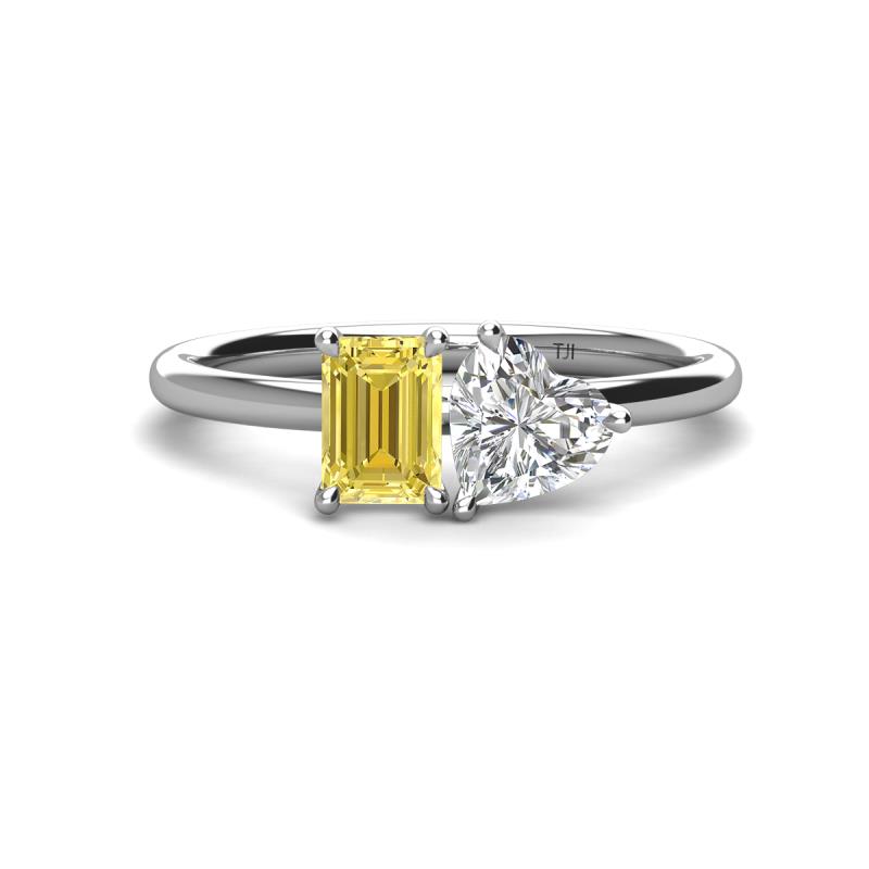Esther Emerald Shape Lab Created Yellow Sapphire & Heart Shape Forever One Moissanite 2 Stone Duo Ring 
