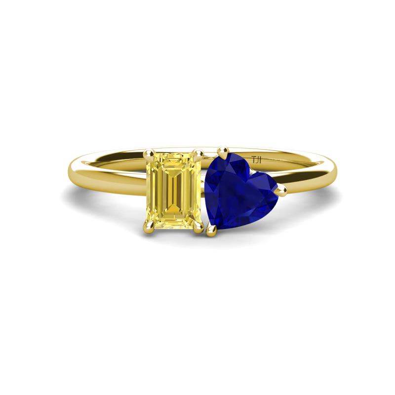 Esther Emerald Shape Lab Created Yellow Sapphire & Heart Shape Lab Created Blue Sapphire 2 Stone Duo Ring 