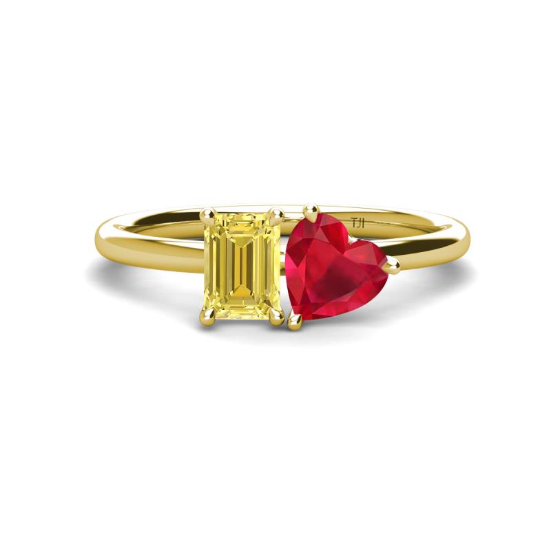 Esther Emerald Shape Lab Created Yellow Sapphire & Heart Shape Lab Created Ruby 2 Stone Duo Ring 