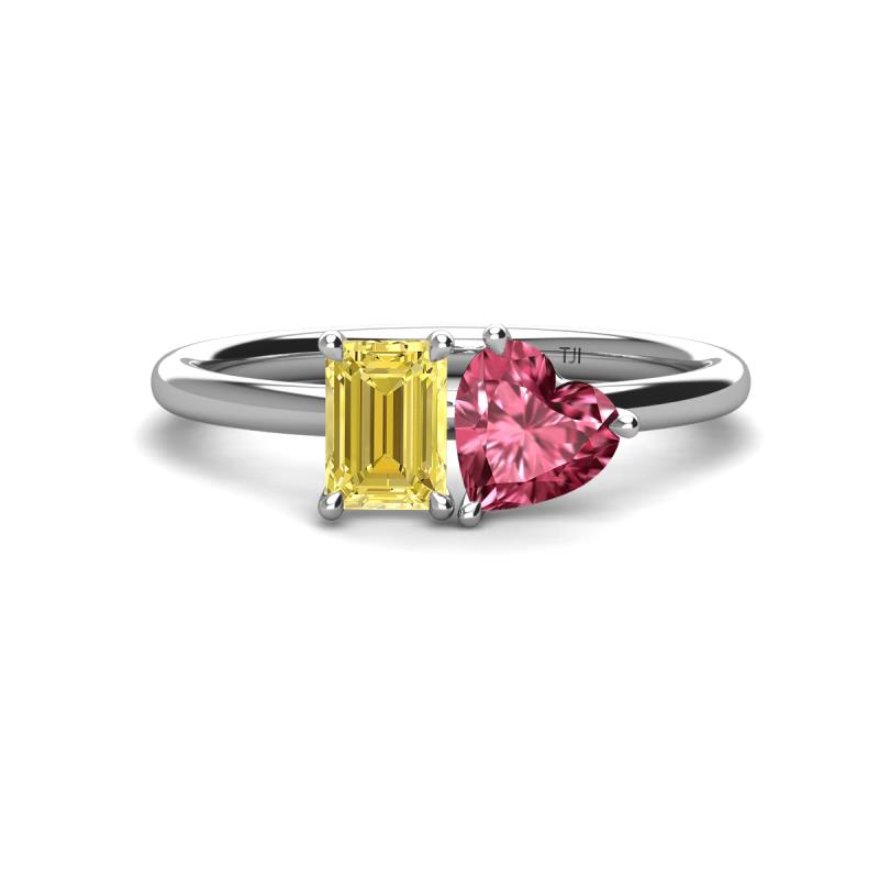 Esther Emerald Shape Lab Created Yellow Sapphire & Heart Shape Pink Tourmaline 2 Stone Duo Ring 