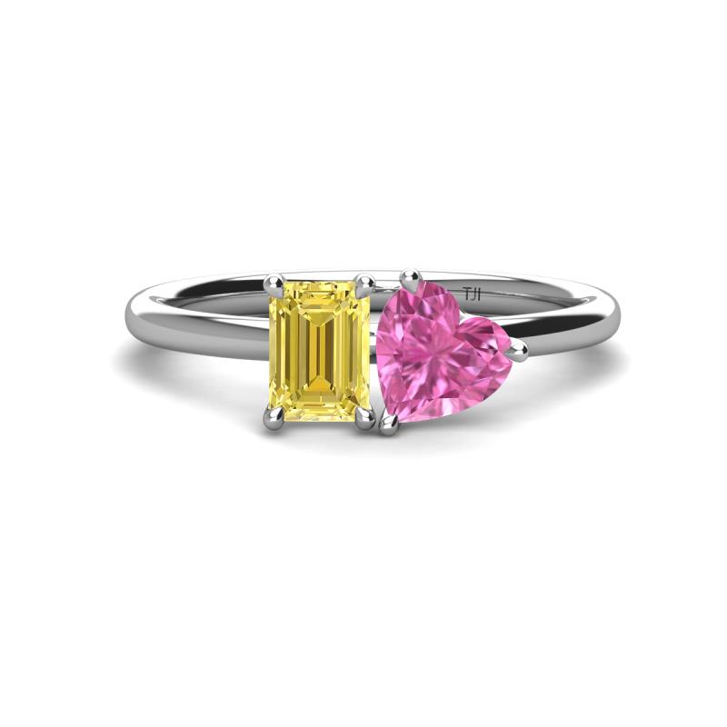 Esther Emerald Shape Lab Created Yellow Sapphire & Heart Shape Pink Sapphire 2 Stone Duo Ring 
