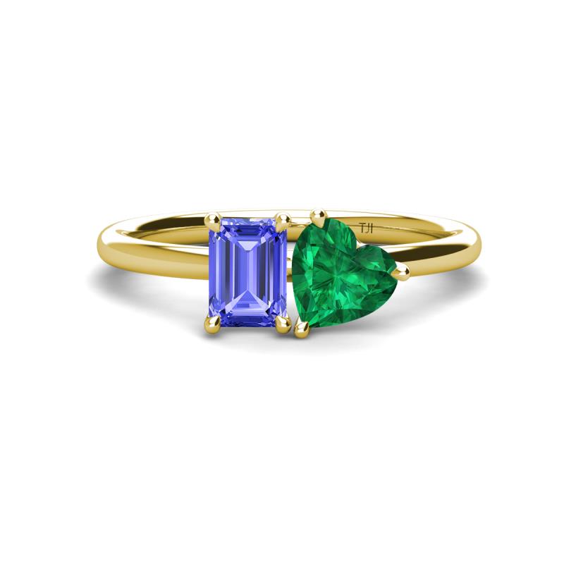 Esther Emerald Shape Tanzanite & Heart Shape Lab Created Emerald 2 Stone Duo Ring 