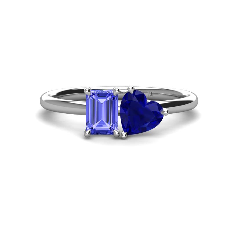 Esther Emerald Shape Tanzanite & Heart Shape Lab Created Blue Sapphire 2 Stone Duo Ring 