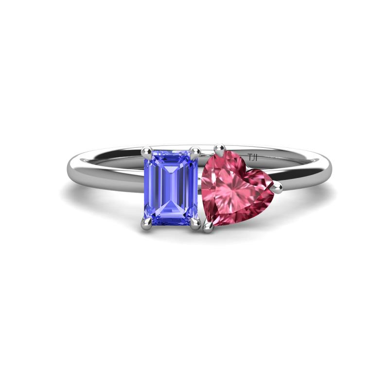 Esther Emerald Shape Tanzanite & Heart Shape Pink Tourmaline 2 Stone Duo Ring 