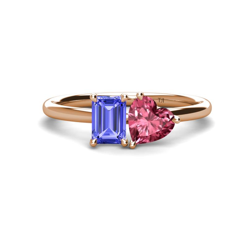 Esther Emerald Shape Tanzanite & Heart Shape Pink Tourmaline 2 Stone Duo Ring 