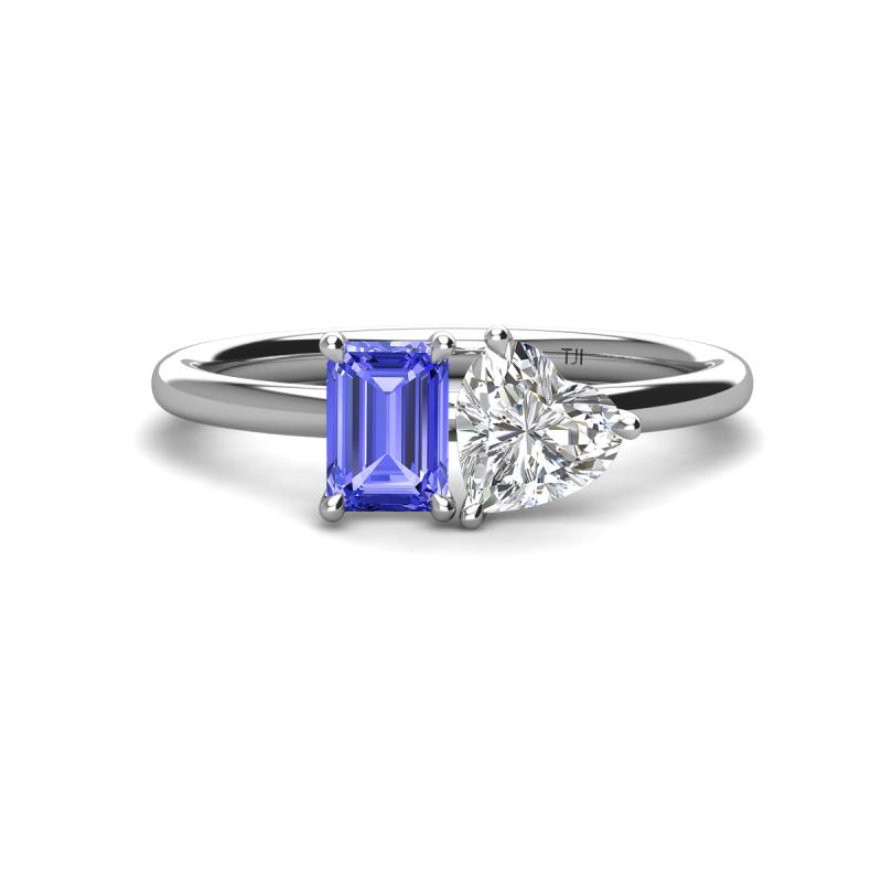 Esther Emerald Shape Tanzanite & Heart Shape Forever Brilliant Moissanite 2 Stone Duo Ring 