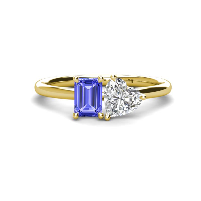 Esther Emerald Shape Tanzanite & Heart Shape Forever Brilliant Moissanite 2 Stone Duo Ring 