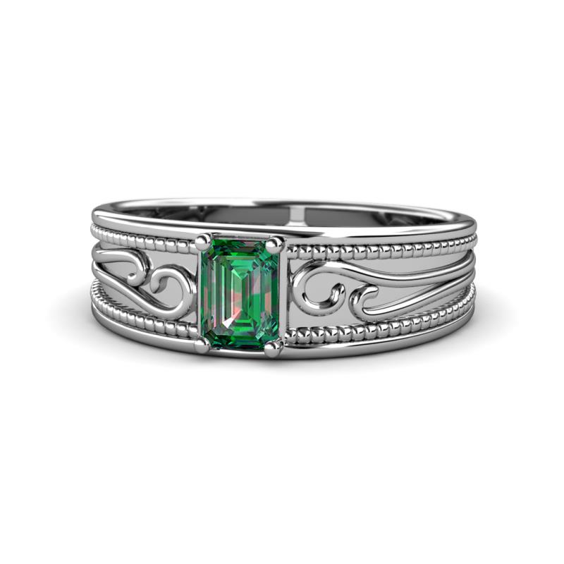 Aileen Bold 7x5 mm Emerald Shape Created Alexandrite Solitaire Wide Band Promise Ring 