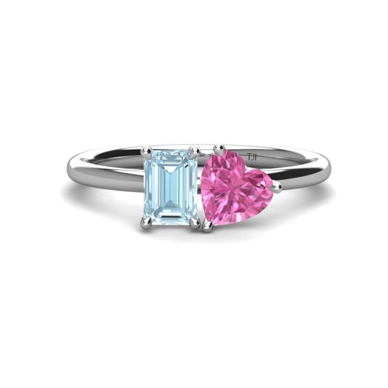 Esther Emerald Shape Aquamarine & Heart Shape Lab Created Pink Sapphire 2 Stone Duo Ring 