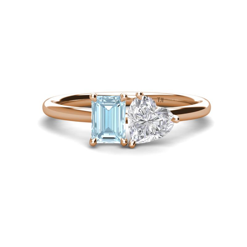 Esther Emerald Shape Aquamarine & Heart Shape Lab Created White Sapphire 2 Stone Duo Ring 