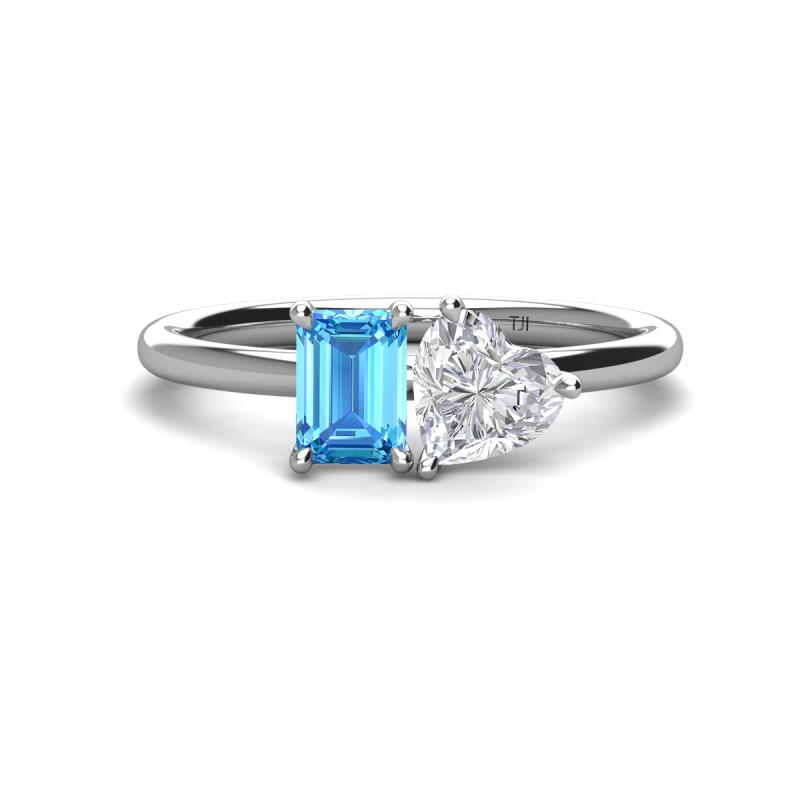 Esther Emerald Shape Blue Topaz & Heart Shape Lab Created White Sapphire 2 Stone Duo Ring 