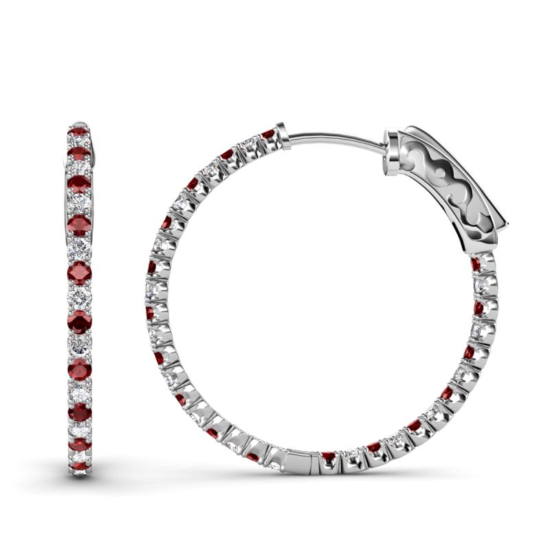 Melissa 3.08 ctw (2.30 mm) Inside Outside Round Red Garnet and Natural Diamond Eternity Hoop Earrings 