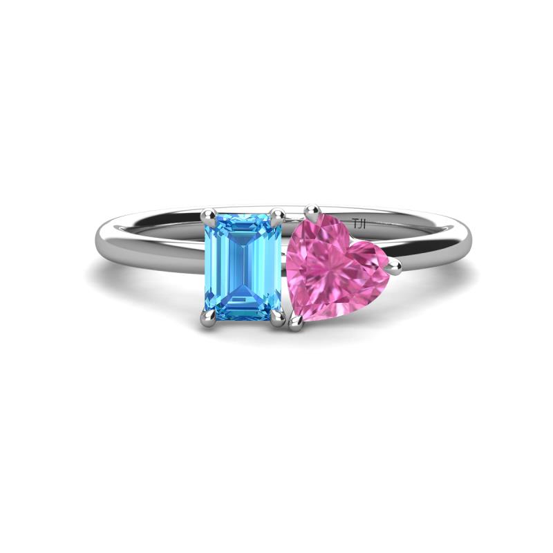 Esther Emerald Shape Blue Topaz & Heart Shape Lab Created Pink Sapphire 2 Stone Duo Ring 